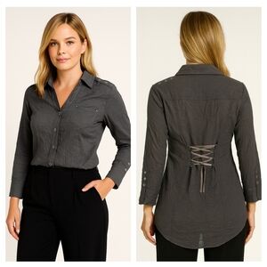 Gray Lace-Up Back Button Down Shirt Cecico NWOT